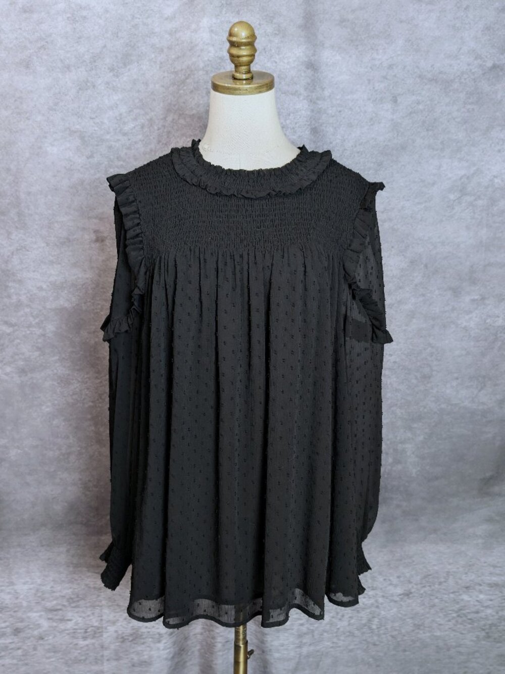 English Factory Black Swiss Dot Blouse 1X Smocked Ruffle Chiffon Romantic Goth
